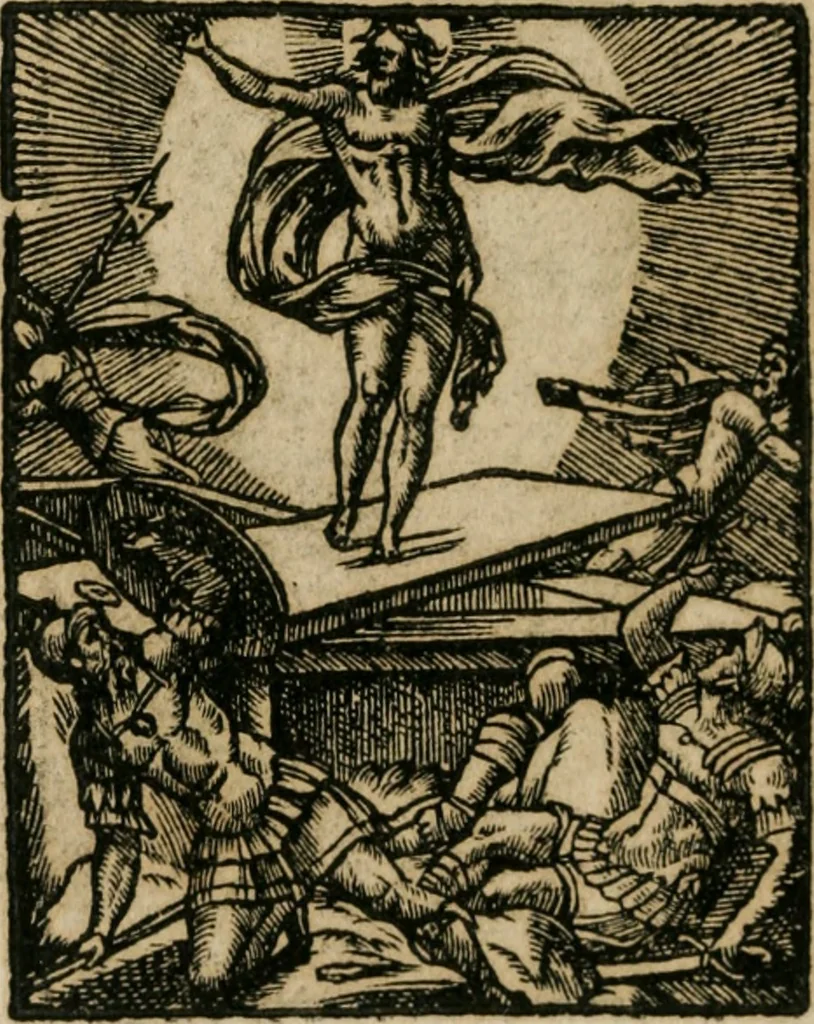 An illustration from Icones historicae Novi Testamenti, carminibus latinis et gallicis illustratae, in quibus exponitur historia in singulis exhibita figuris = Figures historiques du Nouveau Testament, accompagnées de quadrains en latin et en françois, qui exposent l'histoire representée en chaque figure, 1681, leaf 61