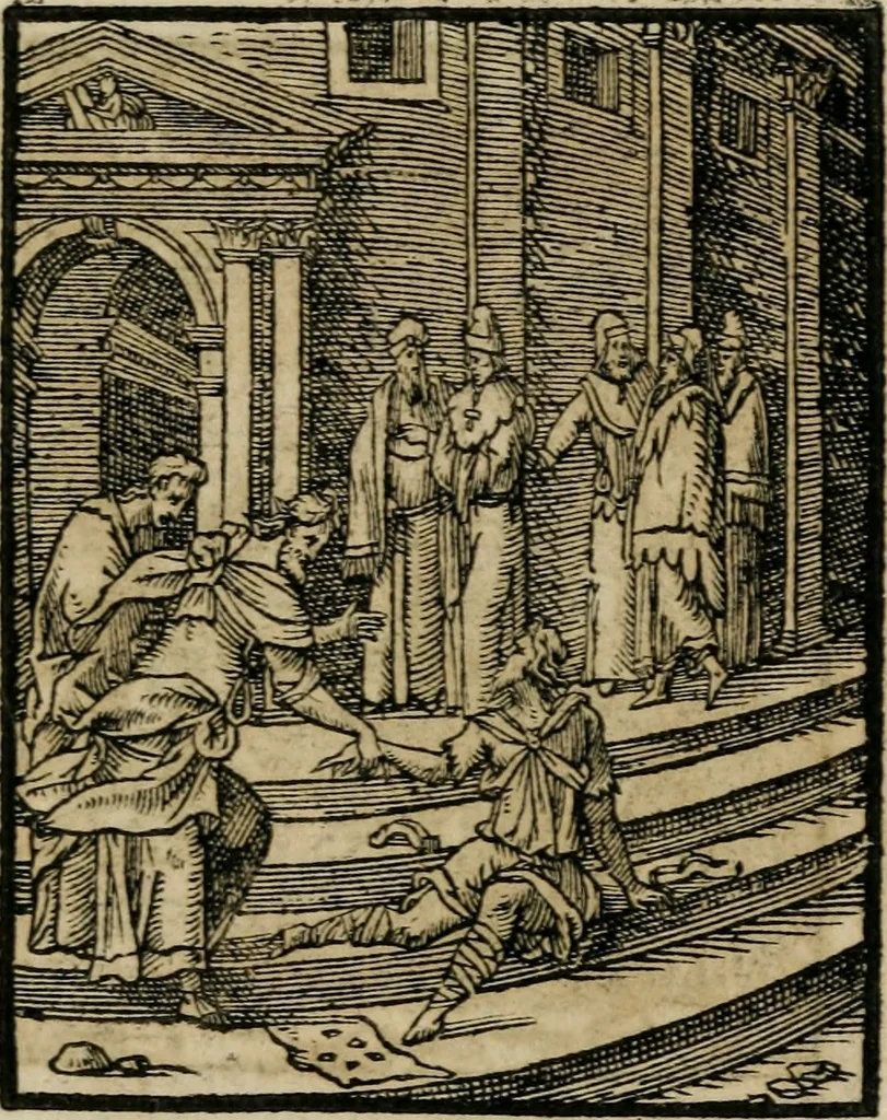 An illustration from Icones historicae Novi Testamenti, carminibus latinis et gallicis illustratae, in quibus exponitur historia in singulis exhibita figuris = Figures historiques du Nouveau Testament, accompagnées de quadrains en latin et en françois, qui exposent l'histoire representée en chaque figure, 1681, leaf 68