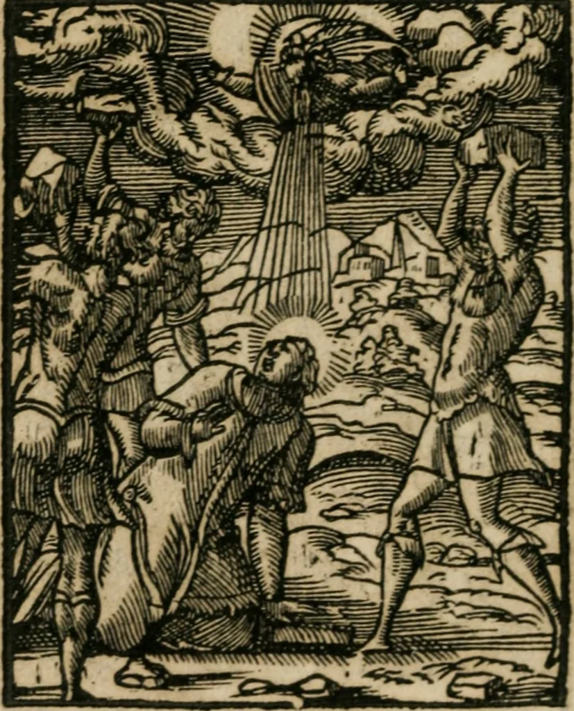 An illustration from Icones historicae Novi Testamenti, carminibus latinis et gallicis illustratae, in quibus exponitur historia in singulis exhibita figuris = Figures historiques du Nouveau Testament, accompagnées de quadrains en latin et en françois, qui exposent l'histoire representée en chaque figure, 1681, leaf 69