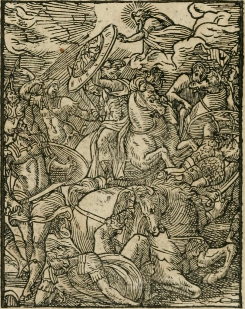 An illustration from Icones historicae Novi Testamenti, carminibus latinis et gallicis illustratae, in quibus exponitur historia in singulis exhibita figuris = Figures historiques du Nouveau Testament, accompagnées de quadrains en latin et en françois, qui exposent l'histoire representée en chaque figure, 1681, leaf 71