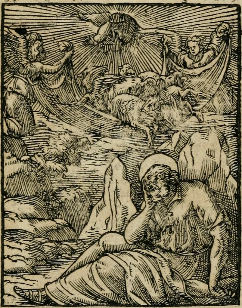 An illustration from Icones historicae Novi Testamenti, carminibus latinis et gallicis illustratae, in quibus exponitur historia in singulis exhibita figuris = Figures historiques du Nouveau Testament, accompagnées de quadrains en latin et en françois, qui exposent l'histoire representée en chaque figure, 1681, leaf 72