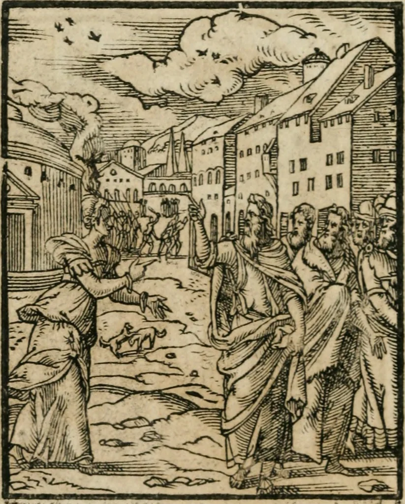 An illustration from Icones historicae Novi Testamenti, carminibus latinis et gallicis illustratae, in quibus exponitur historia in singulis exhibita figuris = Figures historiques du Nouveau Testament, accompagnées de quadrains en latin et en françois, qui exposent l'histoire representée en chaque figure, 1681, leaf 75
