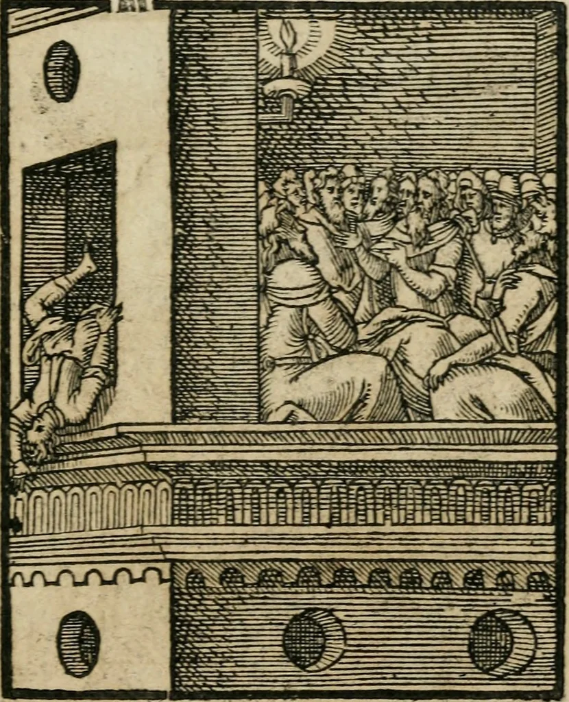 An illustration from Icones historicae Novi Testamenti, carminibus latinis et gallicis illustratae, in quibus exponitur historia in singulis exhibita figuris = Figures historiques du Nouveau Testament, accompagnées de quadrains en latin et en françois, qui exposent l'histoire representée en chaque figure, 1681, leaf 76