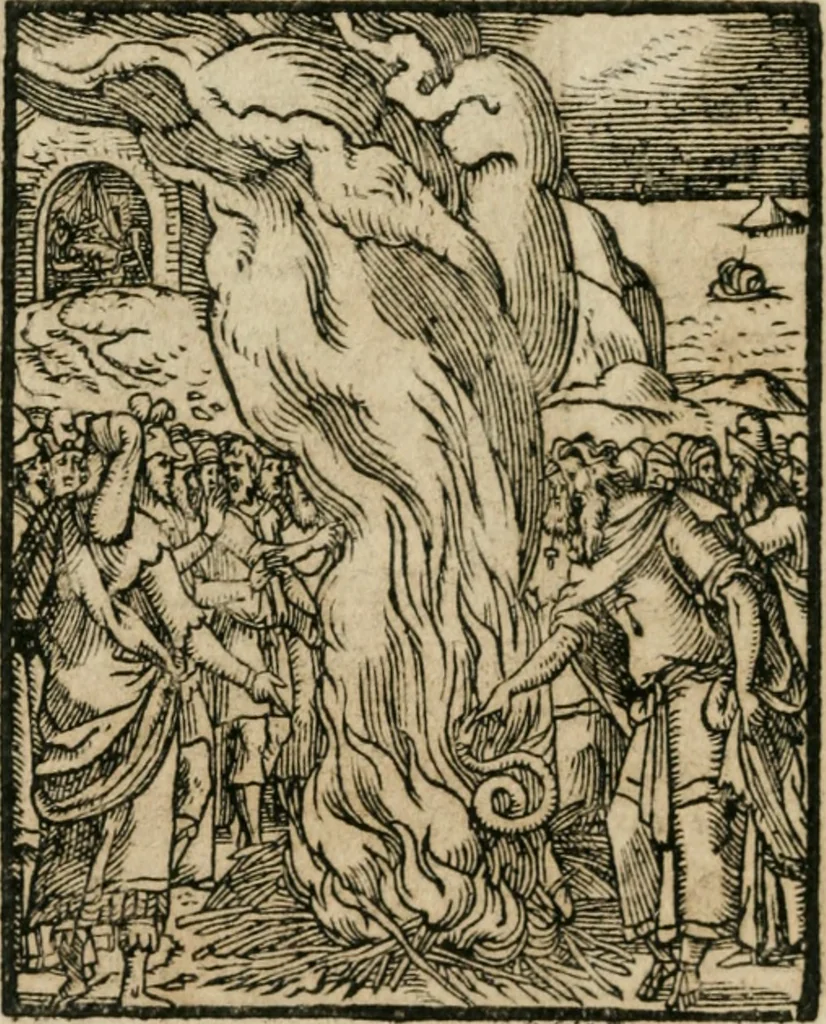 An illustration from Icones historicae Novi Testamenti, carminibus latinis et gallicis illustratae, in quibus exponitur historia in singulis exhibita figuris = Figures historiques du Nouveau Testament, accompagnées de quadrains en latin et en françois, qui exposent l'histoire representée en chaque figure, 1681, leaf 77
