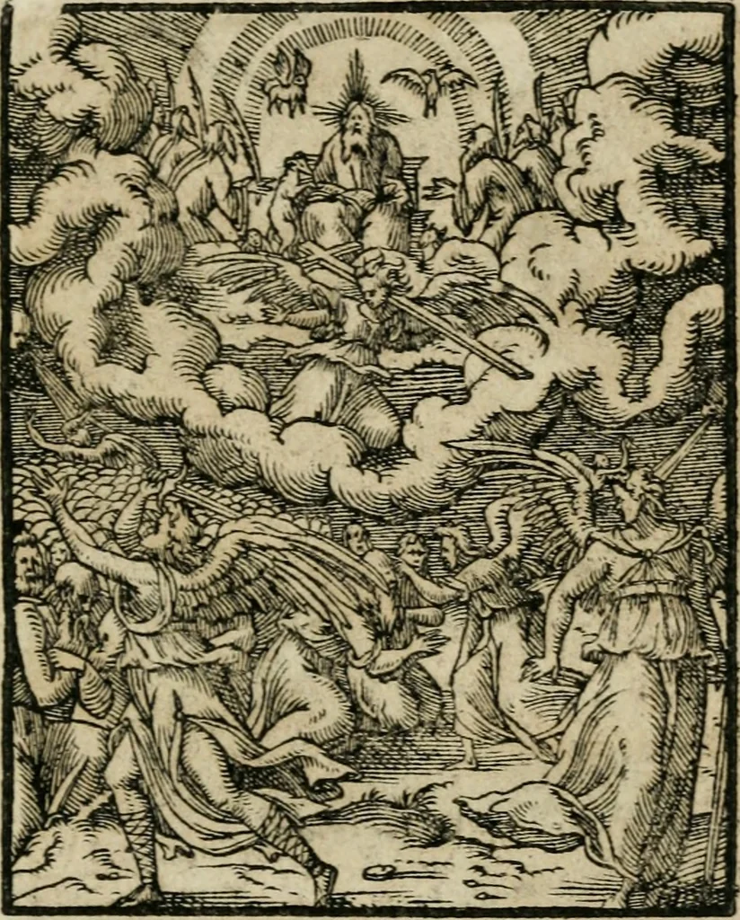 An illustration from Icones historicae Novi Testamenti, carminibus latinis et gallicis illustratae, in quibus exponitur historia in singulis exhibita figuris = Figures historiques du Nouveau Testament, accompagnées de quadrains en latin et en françois, qui exposent l'histoire representée en chaque figure, 1681, leaf 88