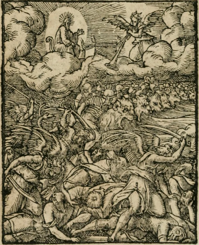 An illustration from Icones historicae Novi Testamenti, carminibus latinis et gallicis illustratae, in quibus exponitur historia in singulis exhibita figuris = Figures historiques du Nouveau Testament, accompagnées de quadrains en latin et en françois, qui exposent l'histoire representée en chaque figure, 1681, leaf 95