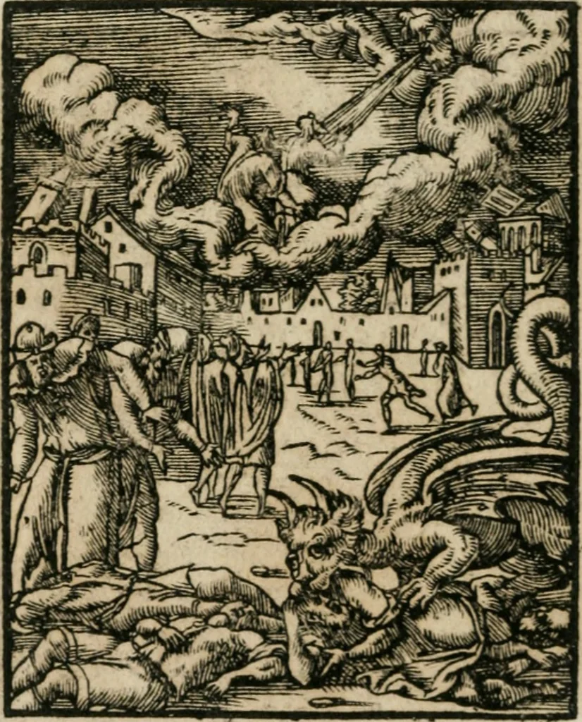 An illustration from Icones historicae Novi Testamenti, carminibus latinis et gallicis illustratae, in quibus exponitur historia in singulis exhibita figuris = Figures historiques du Nouveau Testament, accompagnées de quadrains en latin et en françois, qui exposent l'histoire representée en chaque figure, 1681, leaf 97