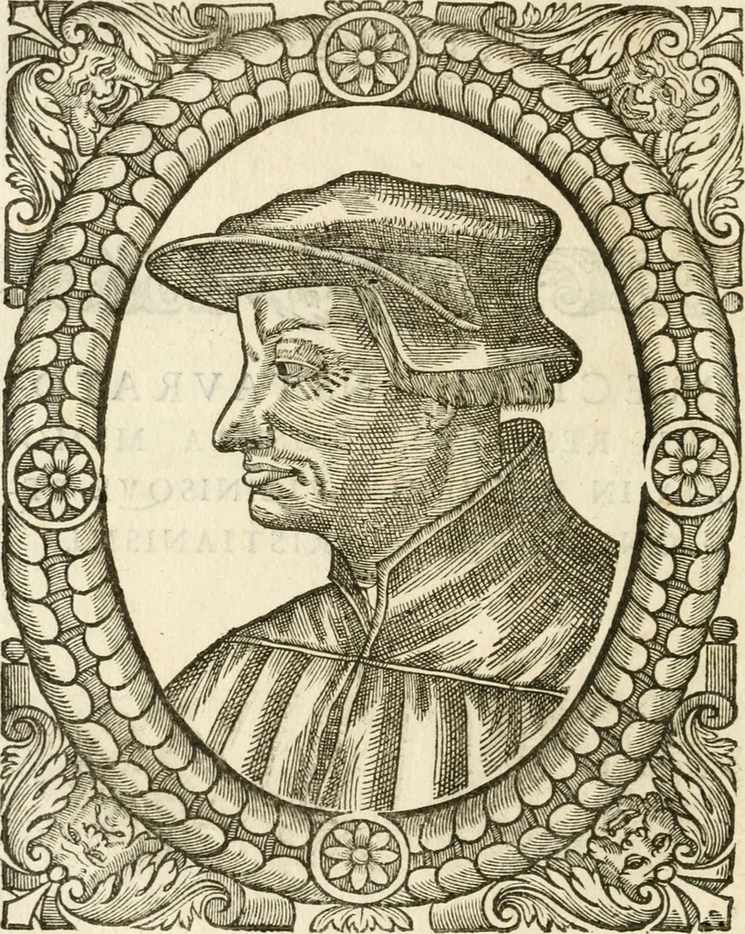 An illustration from Icones, id est, Verae imagines virorvm doctrina simvl et pietate illvstrivm, qvorvm praecipuè ministerio partim bonarum literarum studia sunt restituta, partim vera religio in variis orbis christiani regionibus, nostra patrúmque memoria fuit instaurata: additis eorundem vitae & operae descriptionibus, quibus adiectae sunt nonnullae picturae quas emblemata vocant, 1580, leaf 103