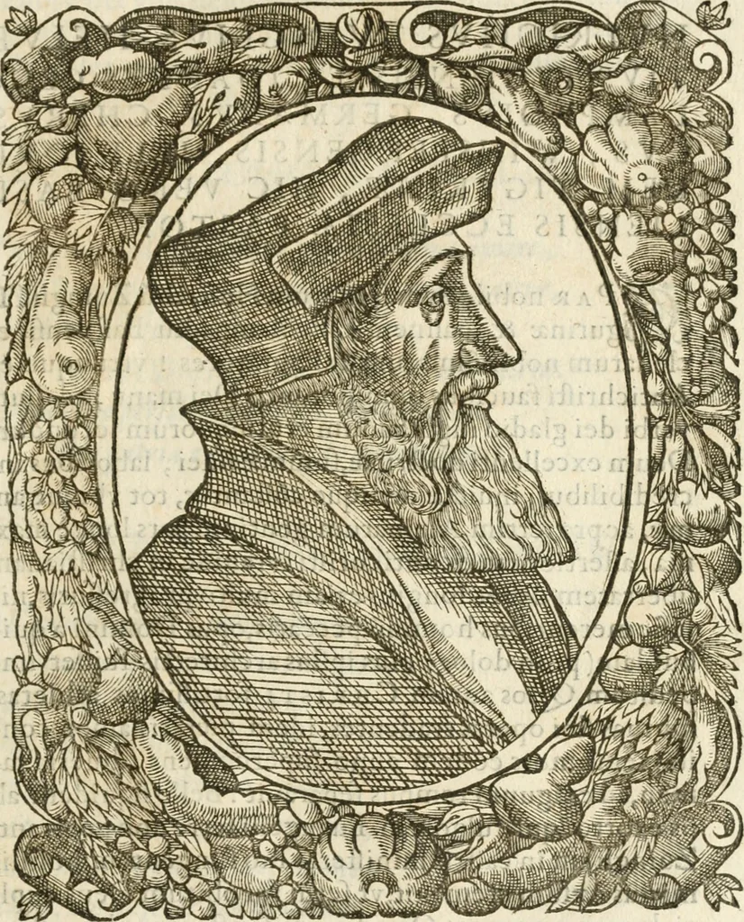 An illustration from Icones, id est, Verae imagines virorvm doctrina simvl et pietate illvstrivm, qvorvm praecipuè ministerio partim bonarum literarum studia sunt restituta, partim vera religio in variis orbis christiani regionibus, nostra patrúmque memoria fuit instaurata: additis eorundem vitae & operae descriptionibus, quibus adiectae sunt nonnullae picturae quas emblemata vocant, 1580, leaf 104