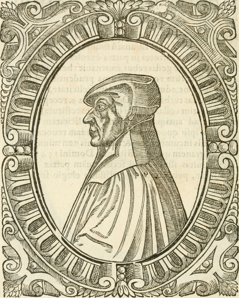 An illustration from Icones, id est, Verae imagines virorvm doctrina simvl et pietate illvstrivm, qvorvm praecipuè ministerio partim bonarum literarum studia sunt restituta, partim vera religio in variis orbis christiani regionibus, nostra patrúmque memoria fuit instaurata: additis eorundem vitae & operae descriptionibus, quibus adiectae sunt nonnullae picturae quas emblemata vocant, 1580, leaf 115