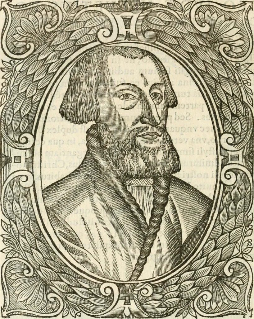 An illustration from Icones, id est, Verae imagines virorvm doctrina simvl et pietate illvstrivm, qvorvm praecipuè ministerio partim bonarum literarum studia sunt restituta, partim vera religio in variis orbis christiani regionibus, nostra patrúmque memoria fuit instaurata: additis eorundem vitae & operae descriptionibus, quibus adiectae sunt nonnullae picturae quas emblemata vocant, 1580, leaf 123