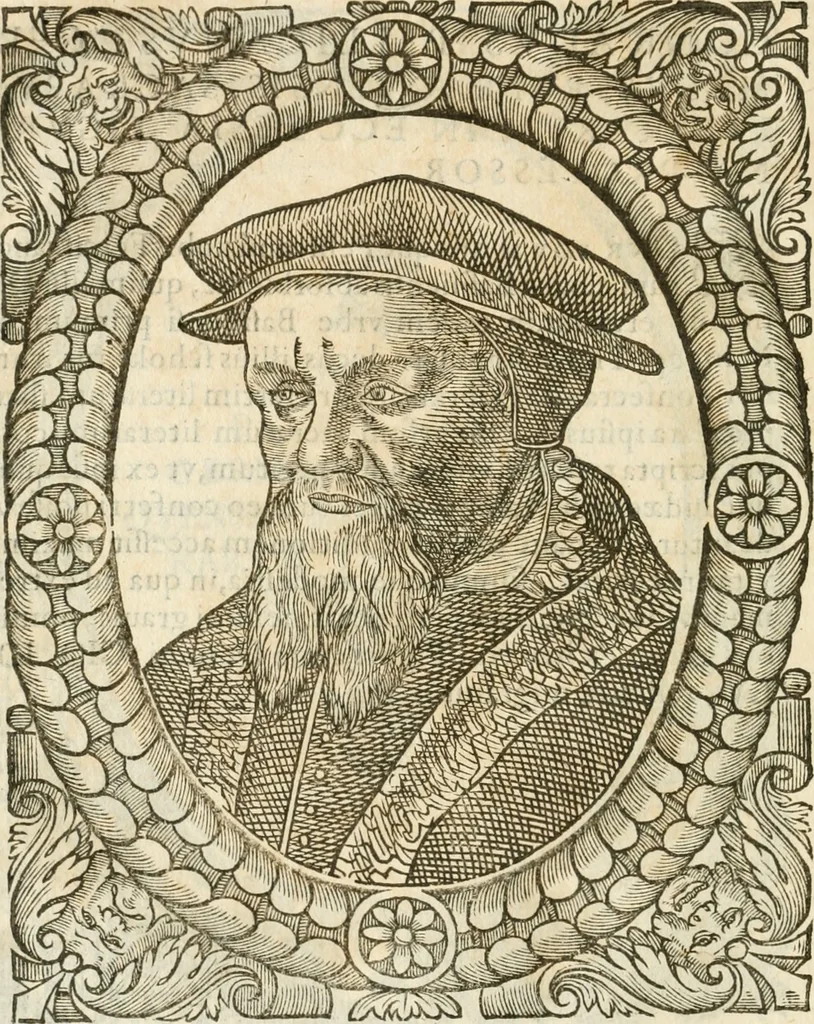An illustration from Icones, id est, Verae imagines virorvm doctrina simvl et pietate illvstrivm, qvorvm praecipuè ministerio partim bonarum literarum studia sunt restituta, partim vera religio in variis orbis christiani regionibus, nostra patrúmque memoria fuit instaurata: additis eorundem vitae & operae descriptionibus, quibus adiectae sunt nonnullae picturae quas emblemata vocant, 1580, leaf 129