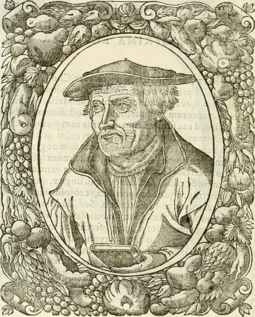 An illustration from Icones, id est, Verae imagines virorvm doctrina simvl et pietate illvstrivm, qvorvm praecipuè ministerio partim bonarum literarum studia sunt restituta, partim vera religio in variis orbis christiani regionibus, nostra patrúmque memoria fuit instaurata: additis eorundem vitae & operae descriptionibus, quibus adiectae sunt nonnullae picturae quas emblemata vocant, 1580, leaf 141