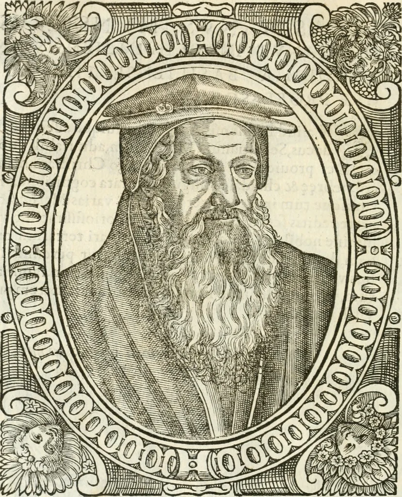 An illustration from Icones, id est, Verae imagines virorvm doctrina simvl et pietate illvstrivm, qvorvm praecipuè ministerio partim bonarum literarum studia sunt restituta, partim vera religio in variis orbis christiani regionibus, nostra patrúmque memoria fuit instaurata: additis eorundem vitae & operae descriptionibus, quibus adiectae sunt nonnullae picturae quas emblemata vocant, 1580, leaf 143