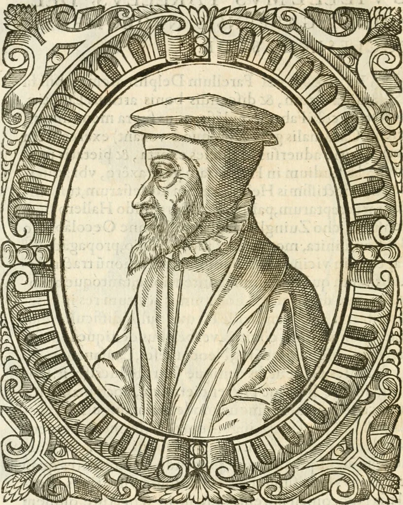 An illustration from Icones, id est, Verae imagines virorvm doctrina simvl et pietate illvstrivm, qvorvm praecipuè ministerio partim bonarum literarum studia sunt restituta, partim vera religio in variis orbis christiani regionibus, nostra patrúmque memoria fuit instaurata: additis eorundem vitae & operae descriptionibus, quibus adiectae sunt nonnullae picturae quas emblemata vocant, 1580, leaf 153