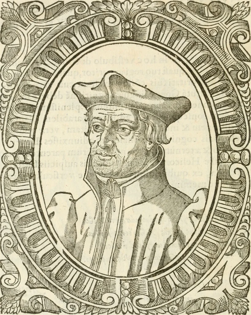 An illustration from Icones, id est, Verae imagines virorvm doctrina simvl et pietate illvstrivm, qvorvm praecipuè ministerio partim bonarum literarum studia sunt restituta, partim vera religio in variis orbis christiani regionibus, nostra patrúmque memoria fuit instaurata: additis eorundem vitae & operae descriptionibus, quibus adiectae sunt nonnullae picturae quas emblemata vocant, 1580, leaf 167