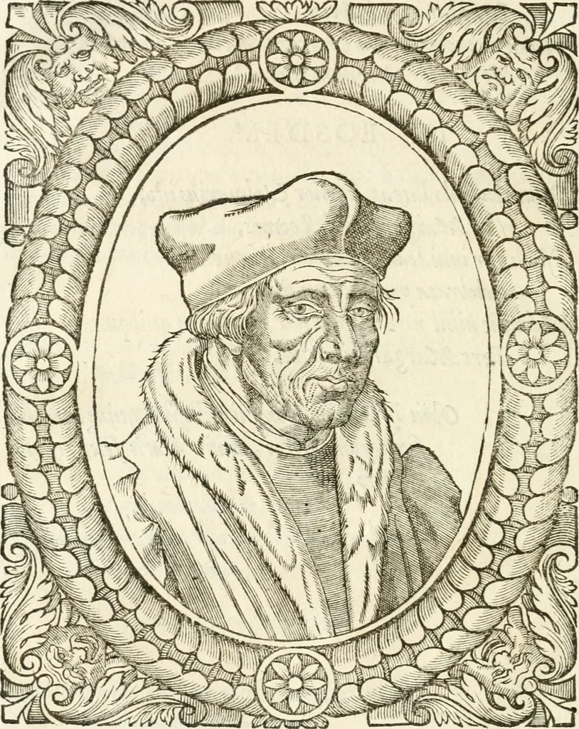 An illustration from Icones, id est, Verae imagines virorvm doctrina simvl et pietate illvstrivm, qvorvm praecipuè ministerio partim bonarum literarum studia sunt restituta, partim vera religio in variis orbis christiani regionibus, nostra patrúmque memoria fuit instaurata: additis eorundem vitae & operae descriptionibus, quibus adiectae sunt nonnullae picturae quas emblemata vocant, 1580, leaf 181
