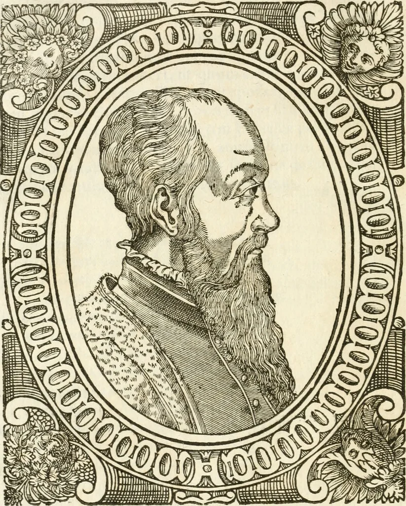 An illustration from Icones, id est, Verae imagines virorvm doctrina simvl et pietate illvstrivm, qvorvm praecipuè ministerio partim bonarum literarum studia sunt restituta, partim vera religio in variis orbis christiani regionibus, nostra patrúmque memoria fuit instaurata: additis eorundem vitae & operae descriptionibus, quibus adiectae sunt nonnullae picturae quas emblemata vocant, 1580, leaf 189