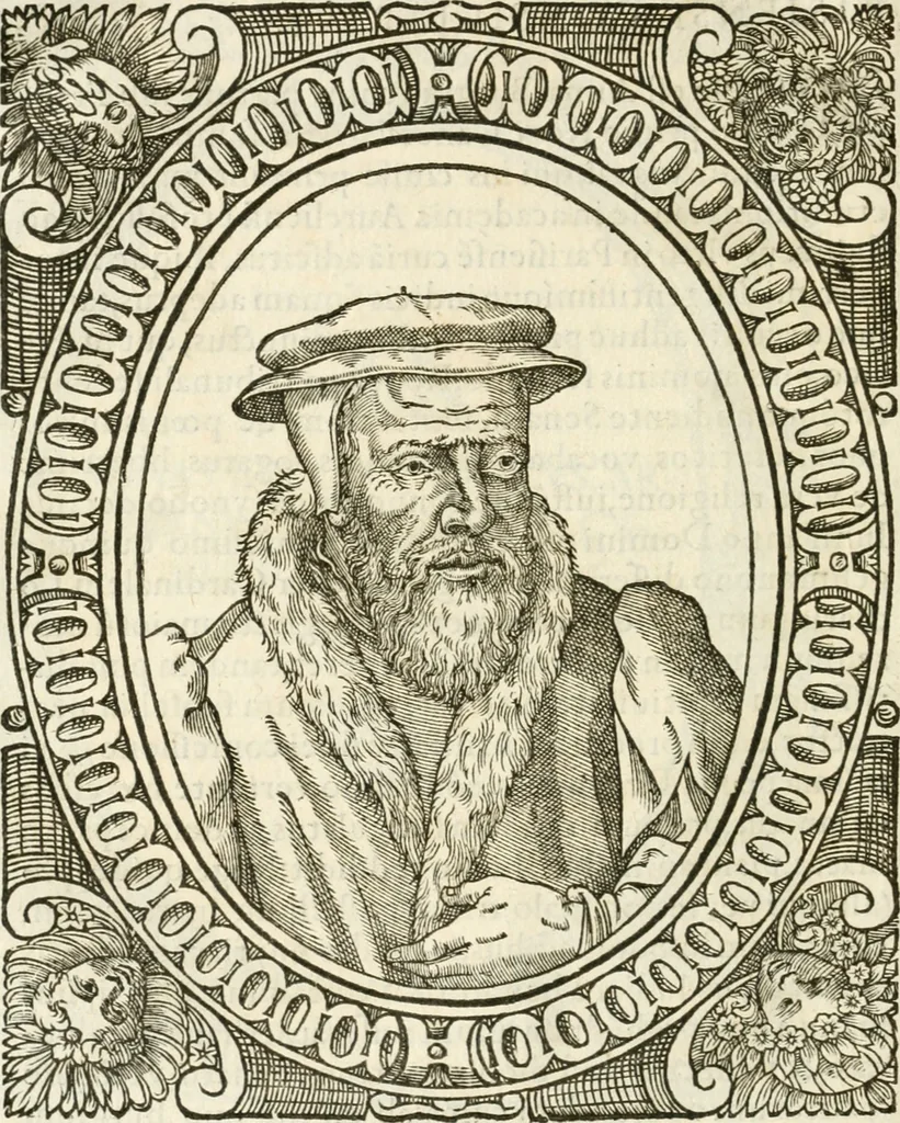 An illustration from Icones, id est, Verae imagines virorvm doctrina simvl et pietate illvstrivm, qvorvm praecipuè ministerio partim bonarum literarum studia sunt restituta, partim vera religio in variis orbis christiani regionibus, nostra patrúmque memoria fuit instaurata: additis eorundem vitae & operae descriptionibus, quibus adiectae sunt nonnullae picturae quas emblemata vocant, 1580, leaf 211