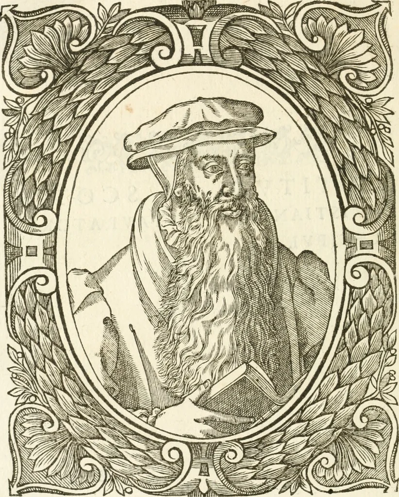 An illustration from Icones, id est, Verae imagines virorvm doctrina simvl et pietate illvstrivm, qvorvm praecipuè ministerio partim bonarum literarum studia sunt restituta, partim vera religio in variis orbis christiani regionibus, nostra patrúmque memoria fuit instaurata: additis eorundem vitae & operae descriptionibus, quibus adiectae sunt nonnullae picturae quas emblemata vocant, 1580, leaf 235