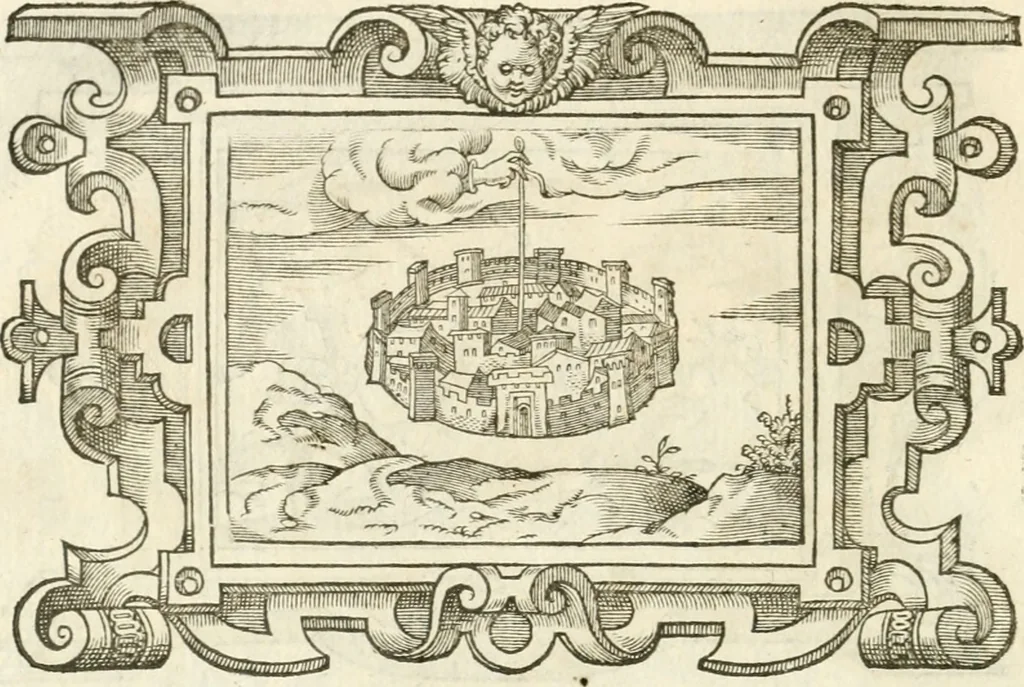 An illustration from Icones, id est, Verae imagines virorvm doctrina simvl et pietate illvstrivm, qvorvm praecipuè ministerio partim bonarum literarum studia sunt restituta, partim vera religio in variis orbis christiani regionibus, nostra patrúmque memoria fuit instaurata: additis eorundem vitae & operae descriptionibus, quibus adiectae sunt nonnullae picturae quas emblemata vocant, 1580, leaf 285