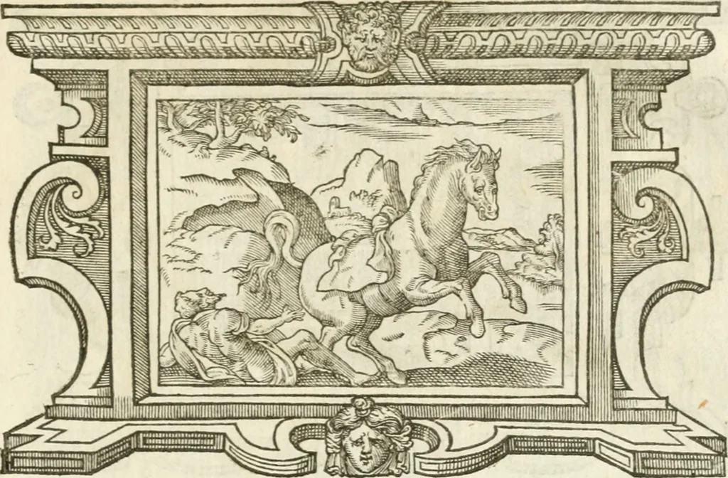 An illustration from Icones, id est, Verae imagines virorvm doctrina simvl et pietate illvstrivm, qvorvm praecipuè ministerio partim bonarum literarum studia sunt restituta, partim vera religio in variis orbis christiani regionibus, nostra patrúmque memoria fuit instaurata: additis eorundem vitae & operae descriptionibus, quibus adiectae sunt nonnullae picturae quas emblemata vocant, 1580, leaf 286