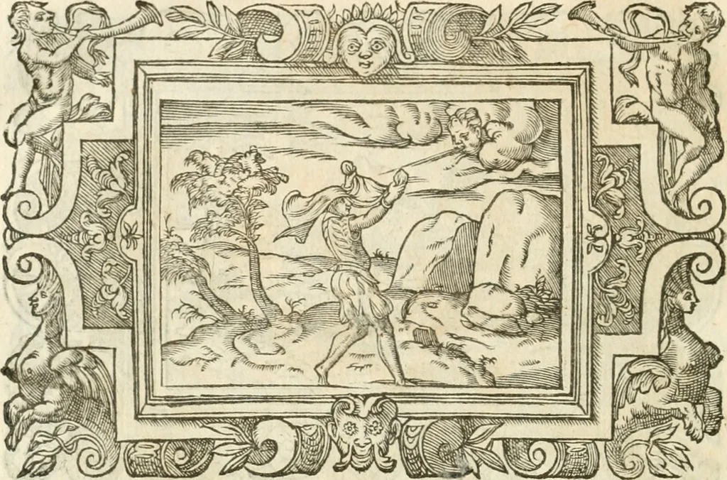 An illustration from Icones, id est, Verae imagines virorvm doctrina simvl et pietate illvstrivm, qvorvm praecipuè ministerio partim bonarum literarum studia sunt restituta, partim vera religio in variis orbis christiani regionibus, nostra patrúmque memoria fuit instaurata: additis eorundem vitae & operae descriptionibus, quibus adiectae sunt nonnullae picturae quas emblemata vocant, 1580, leaf 299