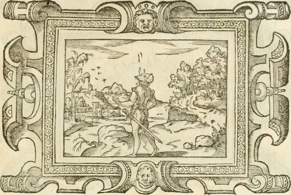 An illustration from Icones, id est, Verae imagines virorvm doctrina simvl et pietate illvstrivm, qvorvm praecipuè ministerio partim bonarum literarum studia sunt restituta, partim vera religio in variis orbis christiani regionibus, nostra patrúmque memoria fuit instaurata: additis eorundem vitae & operae descriptionibus, quibus adiectae sunt nonnullae picturae quas emblemata vocant, 1580, leaf 302