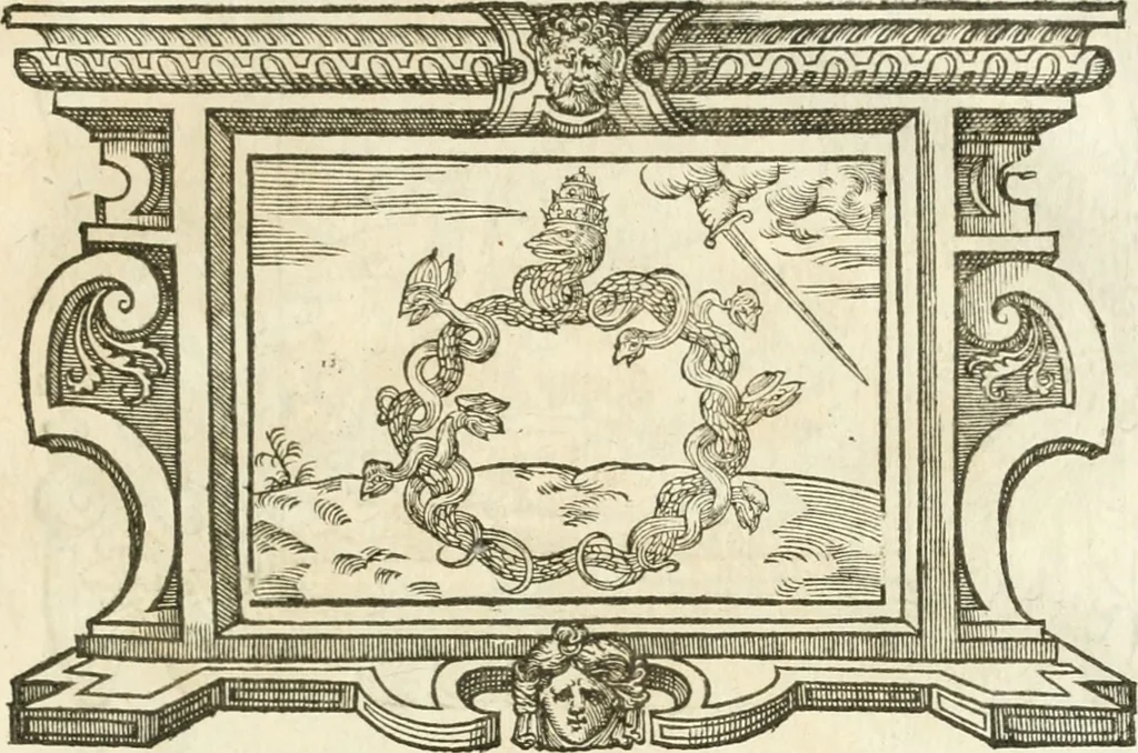 An illustration from Icones, id est, Verae imagines virorvm doctrina simvl et pietate illvstrivm, qvorvm praecipuè ministerio partim bonarum literarum studia sunt restituta, partim vera religio in variis orbis christiani regionibus, nostra patrúmque memoria fuit instaurata: additis eorundem vitae & operae descriptionibus, quibus adiectae sunt nonnullae picturae quas emblemata vocant, 1580, leaf 304