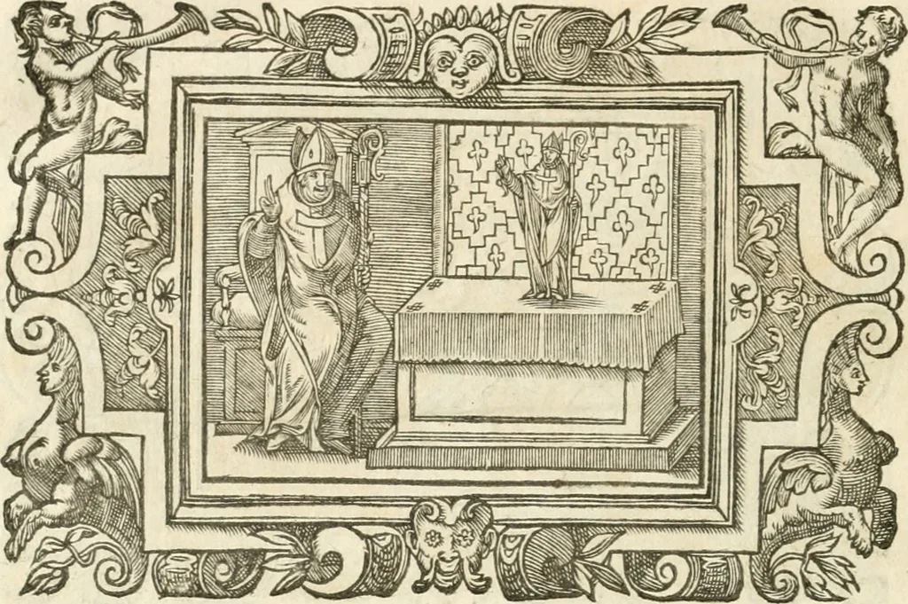 An illustration from Icones, id est, Verae imagines virorvm doctrina simvl et pietate illvstrivm, qvorvm praecipuè ministerio partim bonarum literarum studia sunt restituta, partim vera religio in variis orbis christiani regionibus, nostra patrúmque memoria fuit instaurata: additis eorundem vitae & operae descriptionibus, quibus adiectae sunt nonnullae picturae quas emblemata vocant, 1580, leaf 313