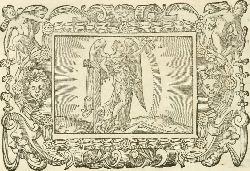 An illustration from Icones, id est, Verae imagines virorvm doctrina simvl et pietate illvstrivm, qvorvm praecipuè ministerio partim bonarum literarum studia sunt restituta, partim vera religio in variis orbis christiani regionibus, nostra patrúmque memoria fuit instaurata: additis eorundem vitae & operae descriptionibus, quibus adiectae sunt nonnullae picturae quas emblemata vocant, 1580, leaf 315