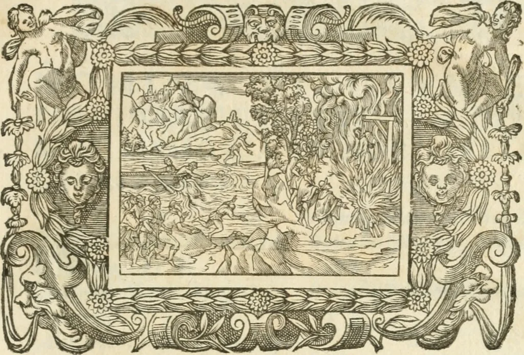 An illustration from Icones, id est, Verae imagines virorvm doctrina simvl et pietate illvstrivm, qvorvm praecipuè ministerio partim bonarum literarum studia sunt restituta, partim vera religio in variis orbis christiani regionibus, nostra patrúmque memoria fuit instaurata: additis eorundem vitae & operae descriptionibus, quibus adiectae sunt nonnullae picturae quas emblemata vocant, 1580, leaf 320