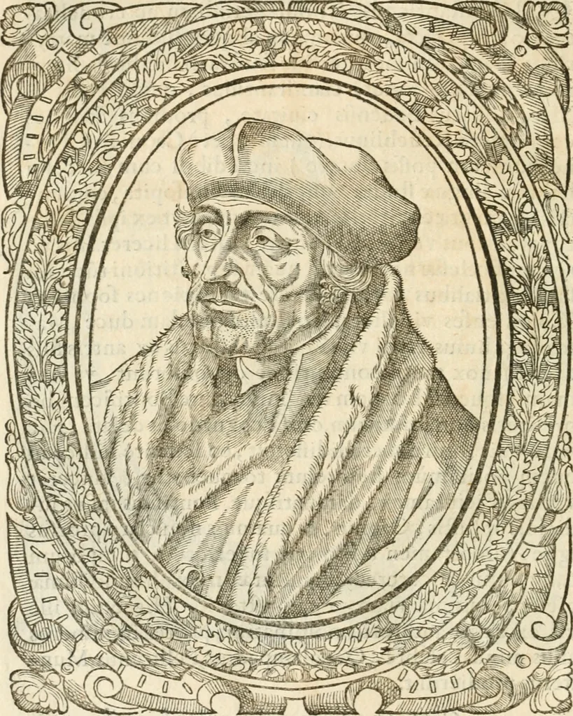 An illustration from Icones, id est, Verae imagines virorvm doctrina simvl et pietate illvstrivm, qvorvm praecipuè ministerio partim bonarum literarum studia sunt restituta, partim vera religio in variis orbis christiani regionibus, nostra patrúmque memoria fuit instaurata: additis eorundem vitae & operae descriptionibus, quibus adiectae sunt nonnullae picturae quas emblemata vocant, 1580, leaf 35