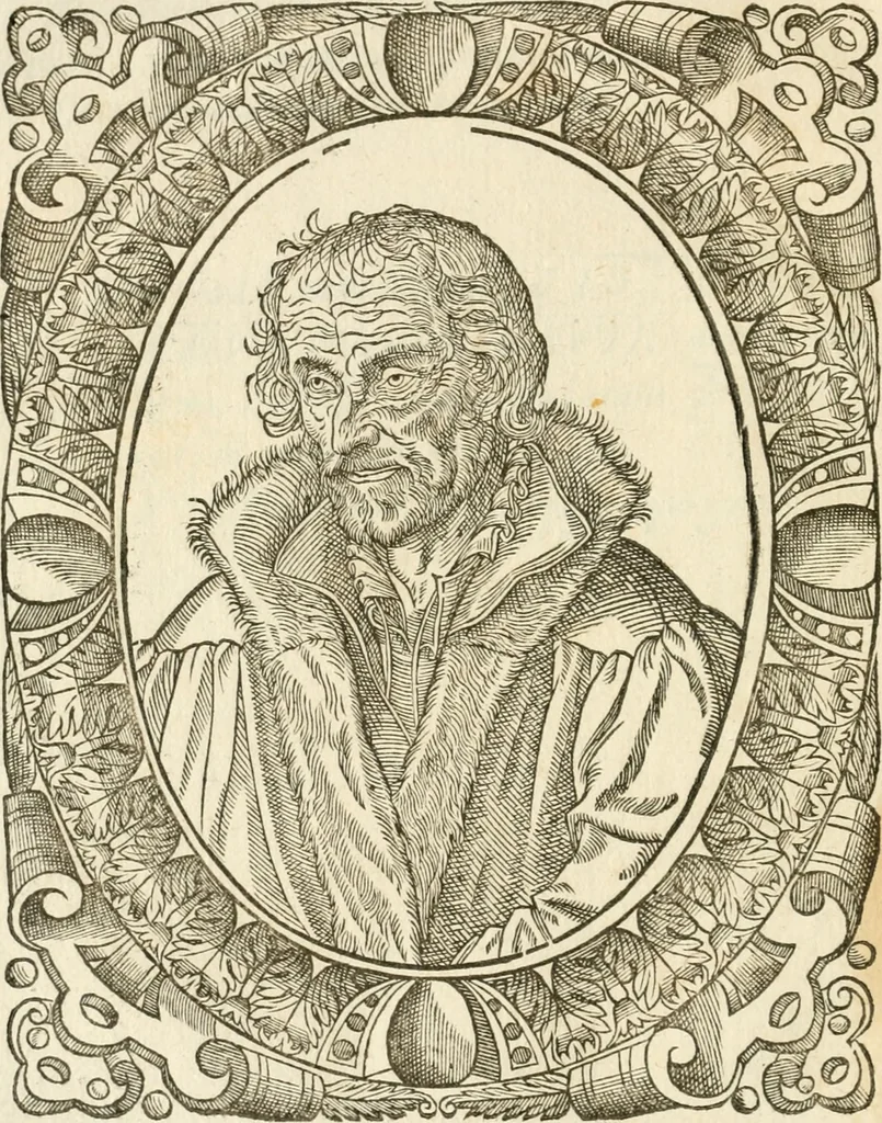 An illustration from Icones, id est, Verae imagines virorvm doctrina simvl et pietate illvstrivm, qvorvm praecipuè ministerio partim bonarum literarum studia sunt restituta, partim vera religio in variis orbis christiani regionibus, nostra patrúmque memoria fuit instaurata: additis eorundem vitae & operae descriptionibus, quibus adiectae sunt nonnullae picturae quas emblemata vocant, 1580, leaf 41