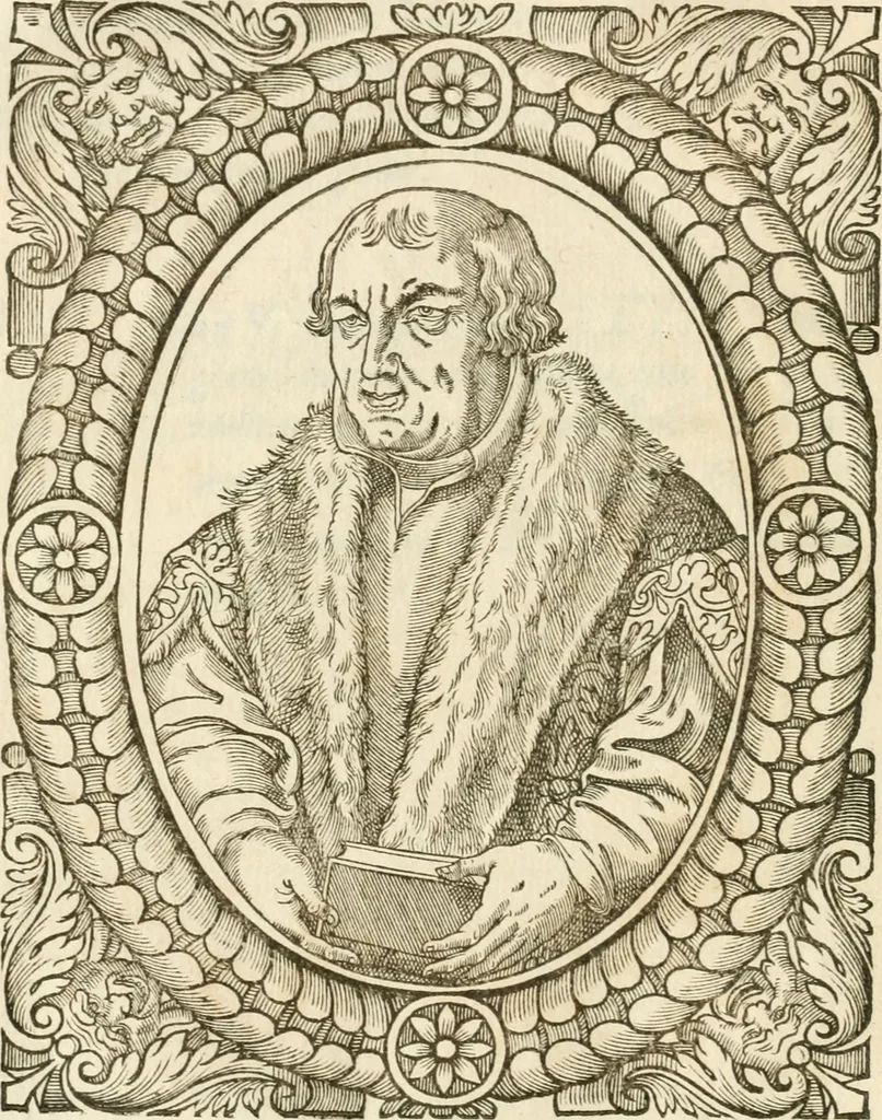An illustration from Icones, id est, Verae imagines virorvm doctrina simvl et pietate illvstrivm, qvorvm praecipuè ministerio partim bonarum literarum studia sunt restituta, partim vera religio in variis orbis christiani regionibus, nostra patrúmque memoria fuit instaurata: additis eorundem vitae & operae descriptionibus, quibus adiectae sunt nonnullae picturae quas emblemata vocant, 1580, leaf 45