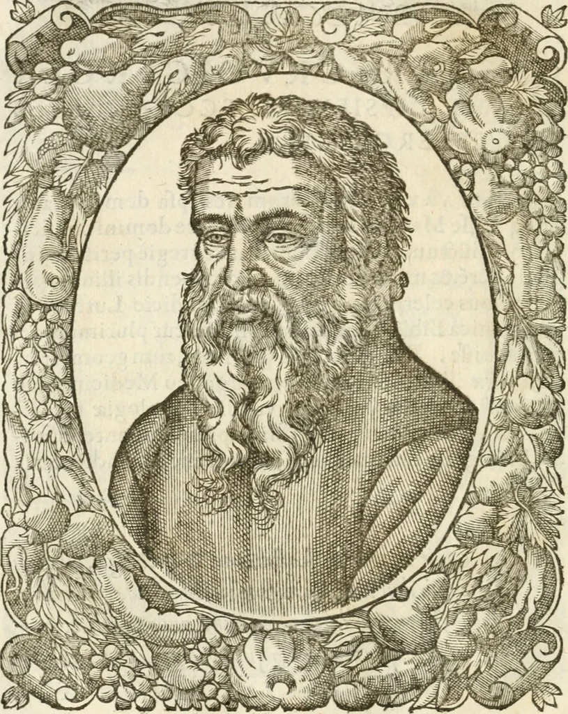 An illustration from Icones, id est, Verae imagines virorvm doctrina simvl et pietate illvstrivm, qvorvm praecipuè ministerio partim bonarum literarum studia sunt restituta, partim vera religio in variis orbis christiani regionibus, nostra patrúmque memoria fuit instaurata: additis eorundem vitae & operae descriptionibus, quibus adiectae sunt nonnullae picturae quas emblemata vocant, 1580, leaf 55