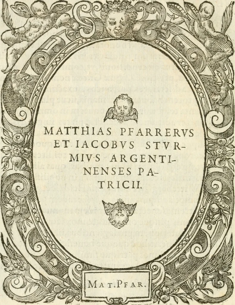 An illustration from Icones, id est, Verae imagines virorvm doctrina simvl et pietate illvstrivm, qvorvm praecipuè ministerio partim bonarum literarum studia sunt restituta, partim vera religio in variis orbis christiani regionibus, nostra patrúmque memoria fuit instaurata: additis eorundem vitae & operae descriptionibus, quibus adiectae sunt nonnullae picturae quas emblemata vocant, 1580, leaf 57