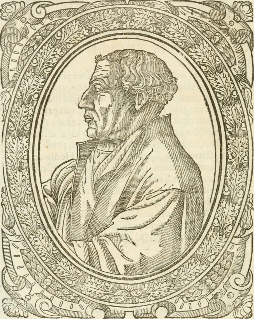 An illustration from Icones, id est, Verae imagines virorvm doctrina simvl et pietate illvstrivm, qvorvm praecipuè ministerio partim bonarum literarum studia sunt restituta, partim vera religio in variis orbis christiani regionibus, nostra patrúmque memoria fuit instaurata: additis eorundem vitae & operae descriptionibus, quibus adiectae sunt nonnullae picturae quas emblemata vocant, 1580, leaf 63