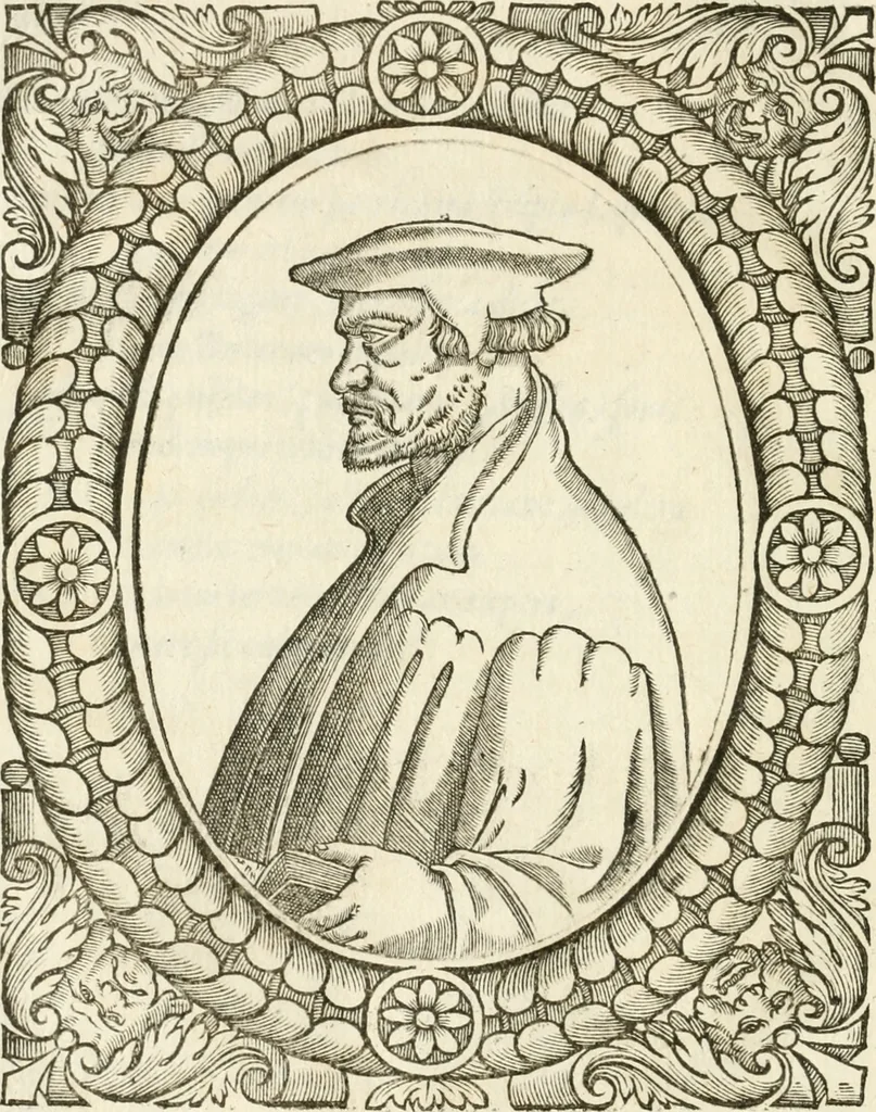 An illustration from Icones, id est, Verae imagines virorvm doctrina simvl et pietate illvstrivm, qvorvm praecipuè ministerio partim bonarum literarum studia sunt restituta, partim vera religio in variis orbis christiani regionibus, nostra patrúmque memoria fuit instaurata: additis eorundem vitae & operae descriptionibus, quibus adiectae sunt nonnullae picturae quas emblemata vocant, 1580, leaf 67