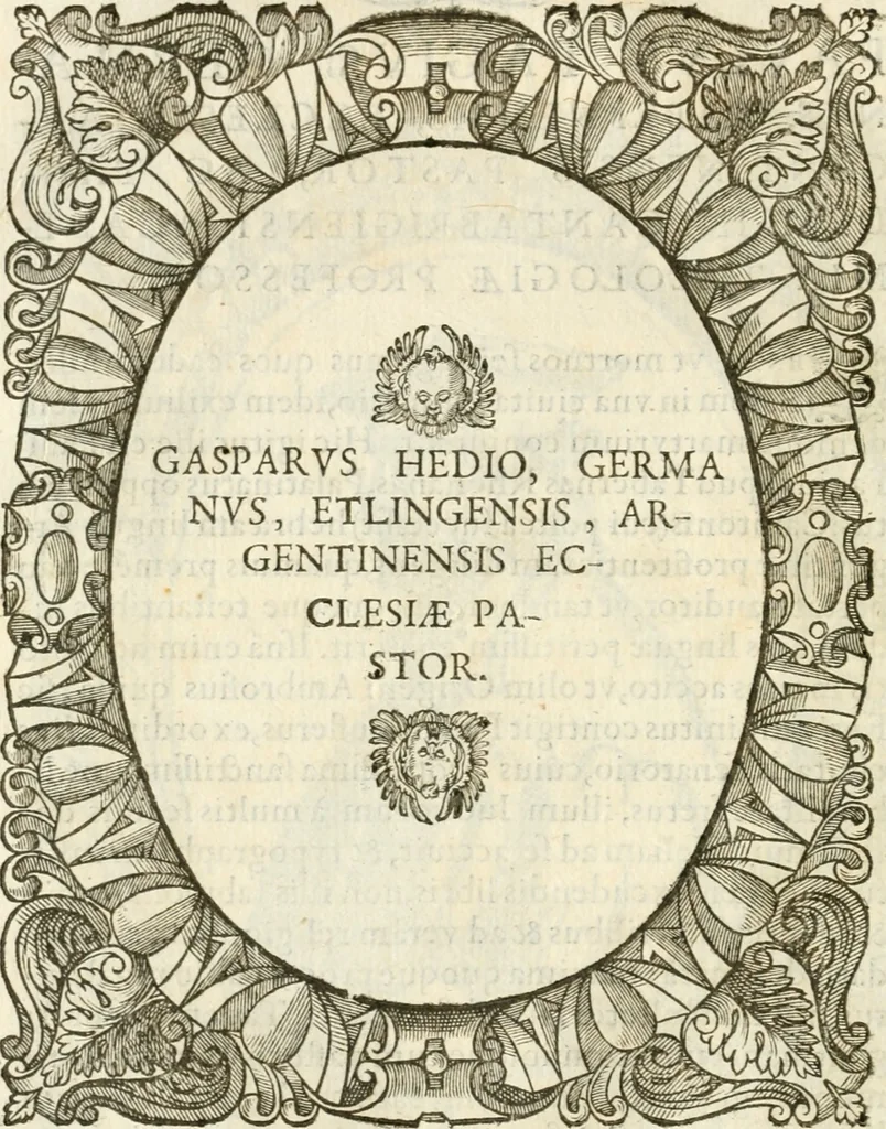 An illustration from Icones, id est, Verae imagines virorvm doctrina simvl et pietate illvstrivm, qvorvm praecipuè ministerio partim bonarum literarum studia sunt restituta, partim vera religio in variis orbis christiani regionibus, nostra patrúmque memoria fuit instaurata: additis eorundem vitae & operae descriptionibus, quibus adiectae sunt nonnullae picturae quas emblemata vocant, 1580, leaf 69