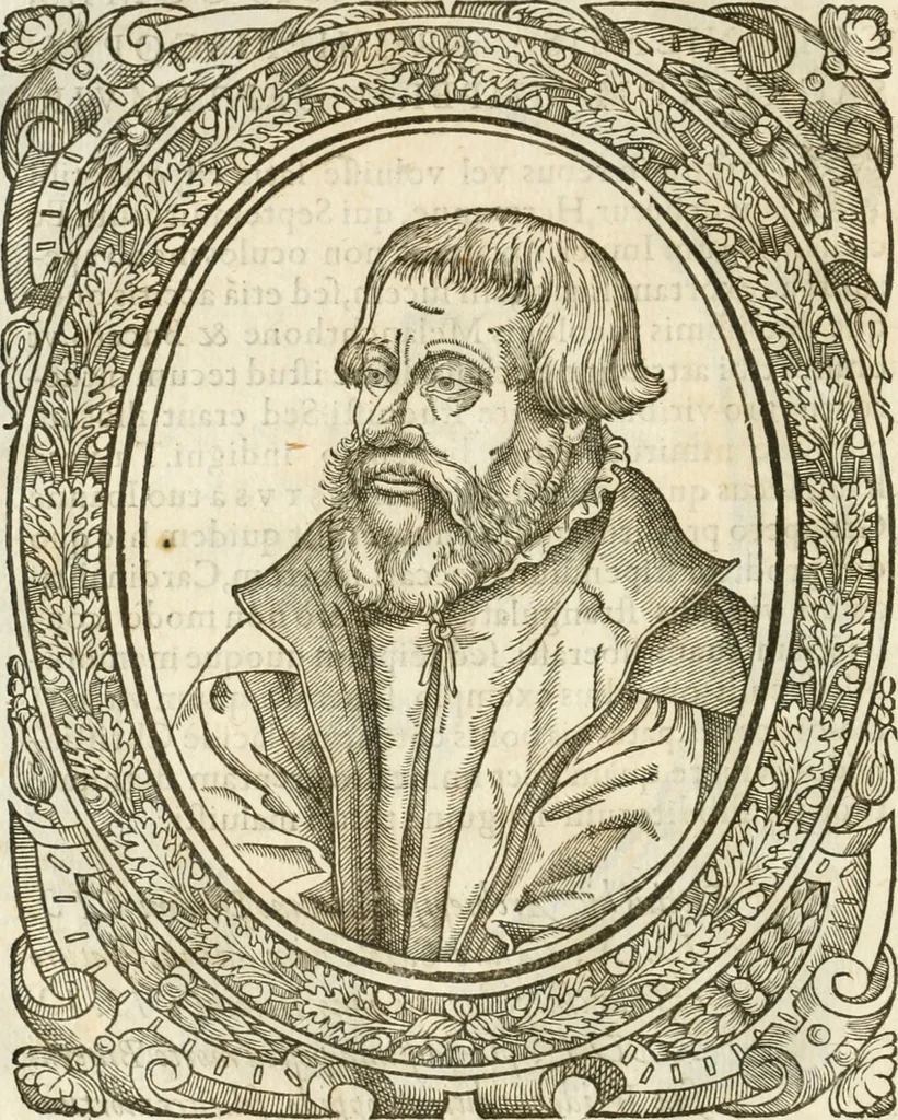 An illustration from Icones, id est, Verae imagines virorvm doctrina simvl et pietate illvstrivm, qvorvm praecipuè ministerio partim bonarum literarum studia sunt restituta, partim vera religio in variis orbis christiani regionibus, nostra patrúmque memoria fuit instaurata: additis eorundem vitae & operae descriptionibus, quibus adiectae sunt nonnullae picturae quas emblemata vocant, 1580, leaf 79