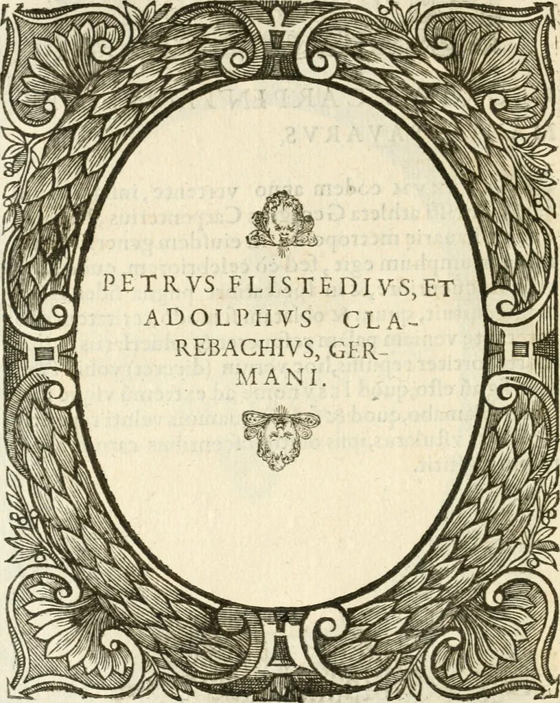 An illustration from Icones, id est, Verae imagines virorvm doctrina simvl et pietate illvstrivm, qvorvm praecipuè ministerio partim bonarum literarum studia sunt restituta, partim vera religio in variis orbis christiani regionibus, nostra patrúmque memoria fuit instaurata: additis eorundem vitae & operae descriptionibus, quibus adiectae sunt nonnullae picturae quas emblemata vocant, 1580, leaf 99