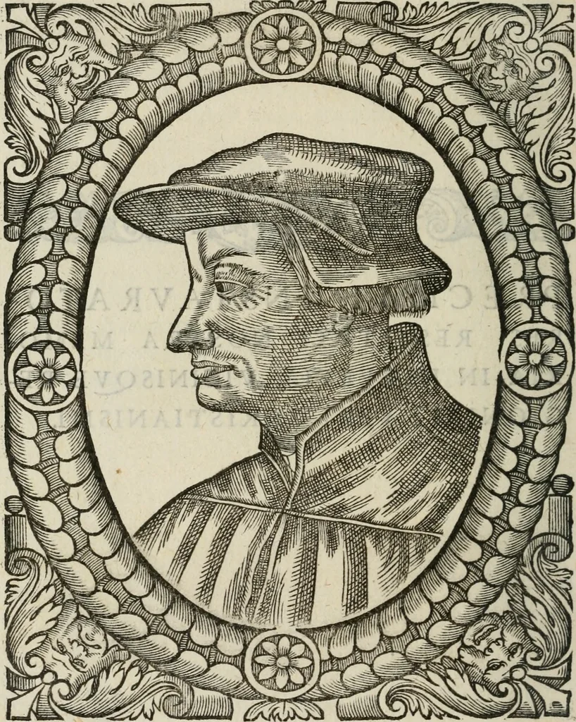 An illustration from Icones, id est, Verae imagines virorum doctrina simul et pietate illustrium, : quorum praecipuè ministerio partim bonarum literarum studia sunt restituta, partim vera religio in variis orbis Christiani regionibus, nostra patrúmque memoria fuit instaurata : additis eorundem vitae & operae descriptionibus, quibus adiectae sunt nonnullae picturae quas emblemata vocant., 1580, leaf 101