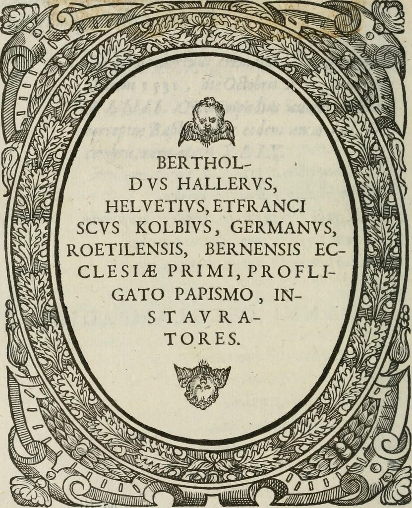 An illustration from Icones, id est, Verae imagines virorum doctrina simul et pietate illustrium, : quorum praecipuè ministerio partim bonarum literarum studia sunt restituta, partim vera religio in variis orbis Christiani regionibus, nostra patrúmque memoria fuit instaurata : additis eorundem vitae & operae descriptionibus, quibus adiectae sunt nonnullae picturae quas emblemata vocant., 1580, leaf 107