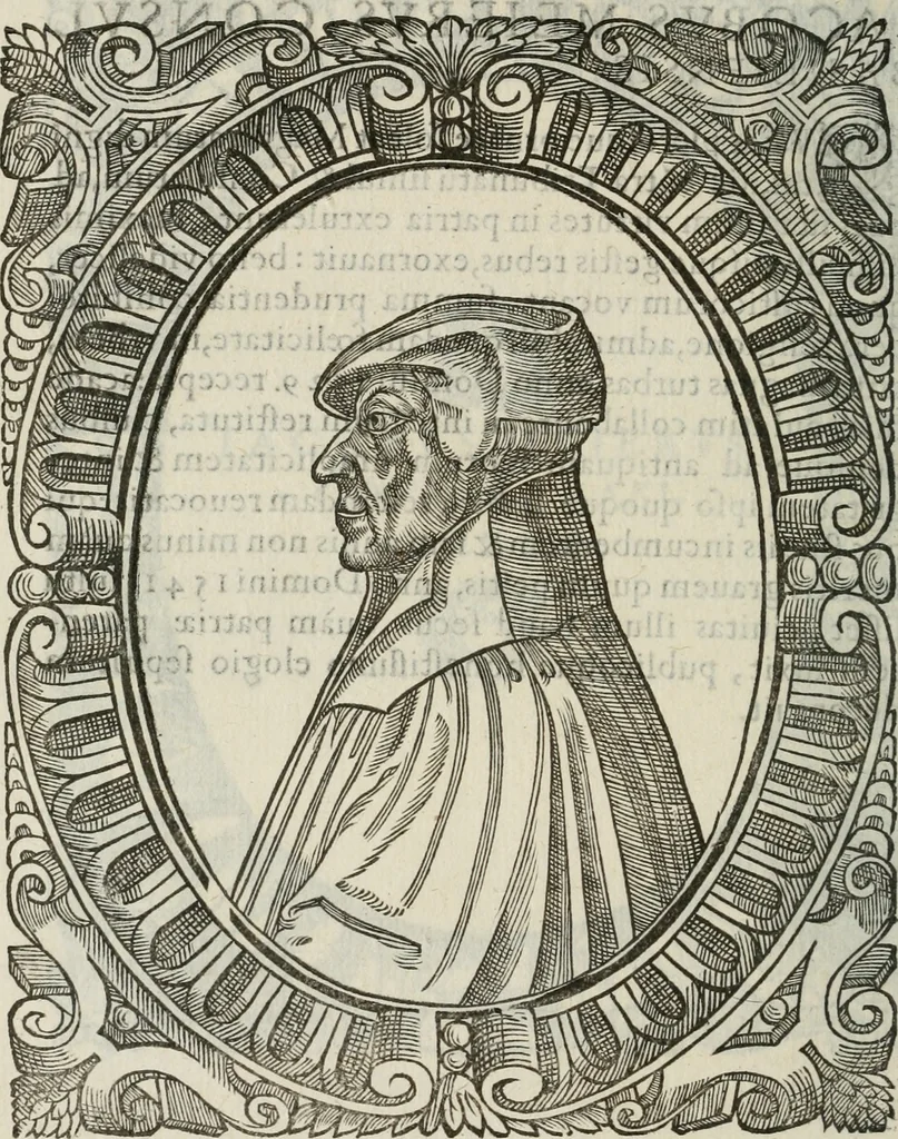 An illustration from Icones, id est, Verae imagines virorum doctrina simul et pietate illustrium, : quorum praecipuè ministerio partim bonarum literarum studia sunt restituta, partim vera religio in variis orbis Christiani regionibus, nostra patrúmque memoria fuit instaurata : additis eorundem vitae & operae descriptionibus, quibus adiectae sunt nonnullae picturae quas emblemata vocant., 1580, leaf 113