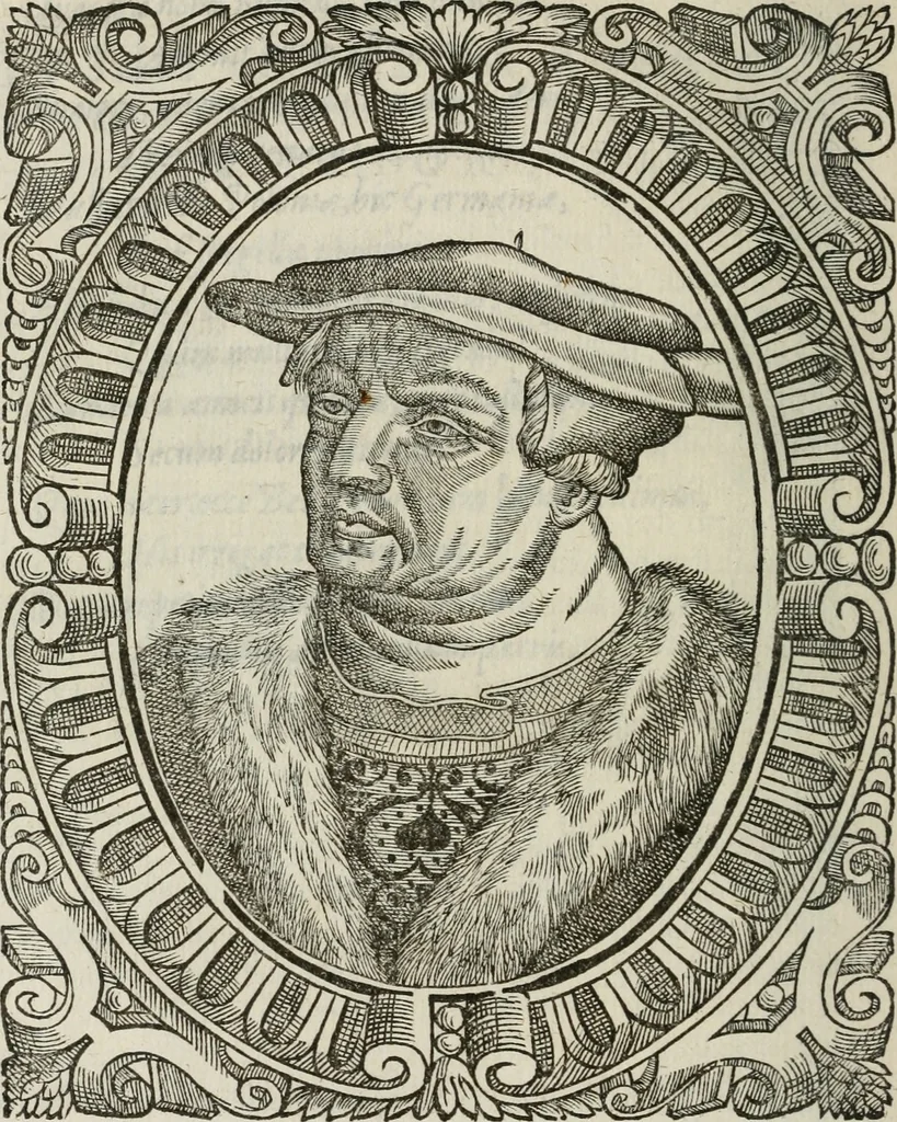 An illustration from Icones, id est, Verae imagines virorum doctrina simul et pietate illustrium, : quorum praecipuè ministerio partim bonarum literarum studia sunt restituta, partim vera religio in variis orbis Christiani regionibus, nostra patrúmque memoria fuit instaurata : additis eorundem vitae & operae descriptionibus, quibus adiectae sunt nonnullae picturae quas emblemata vocant., 1580, leaf 135