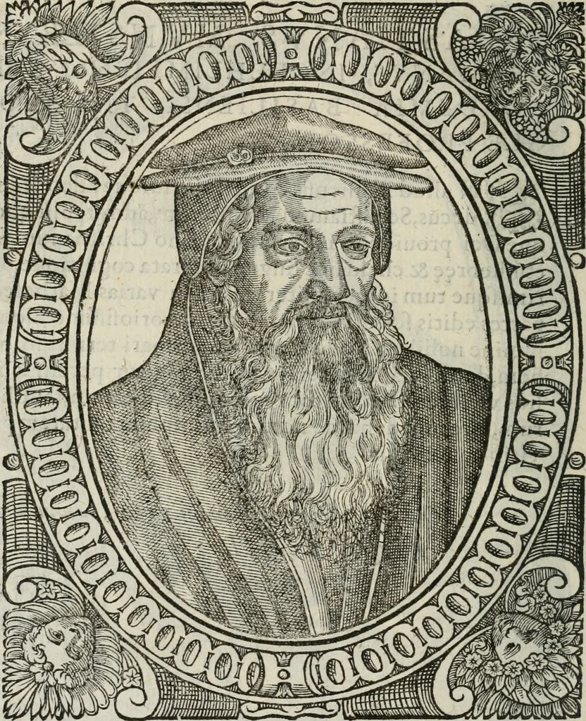 An illustration from Icones, id est, Verae imagines virorum doctrina simul et pietate illustrium, : quorum praecipuè ministerio partim bonarum literarum studia sunt restituta, partim vera religio in variis orbis Christiani regionibus, nostra patrúmque memoria fuit instaurata : additis eorundem vitae & operae descriptionibus, quibus adiectae sunt nonnullae picturae quas emblemata vocant., 1580, leaf 141