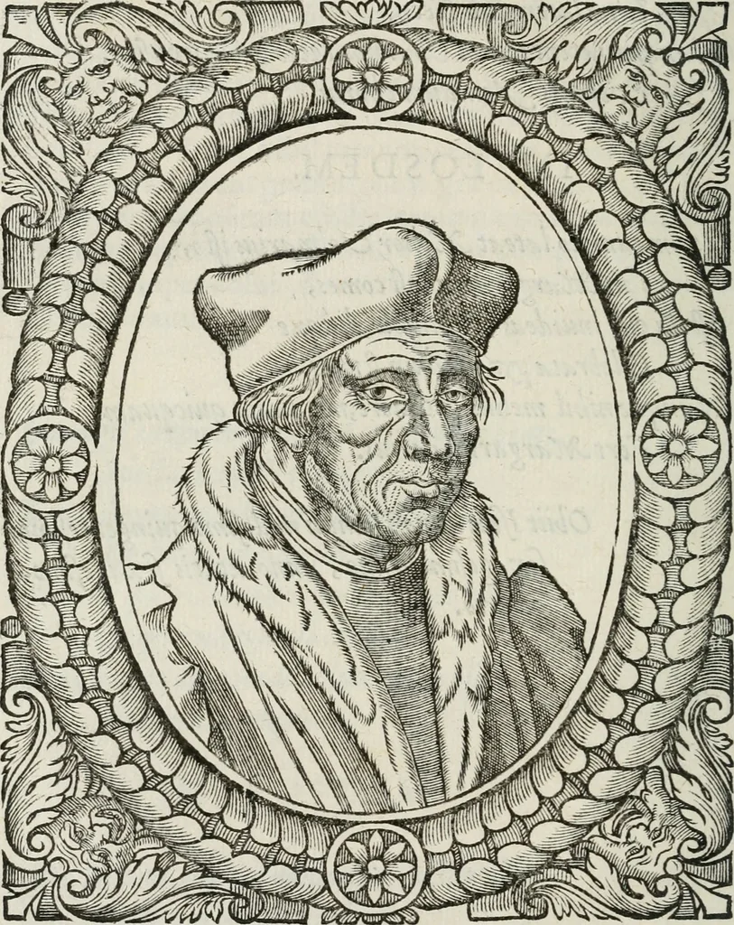 An illustration from Icones, id est, Verae imagines virorum doctrina simul et pietate illustrium, : quorum praecipuè ministerio partim bonarum literarum studia sunt restituta, partim vera religio in variis orbis Christiani regionibus, nostra patrúmque memoria fuit instaurata : additis eorundem vitae & operae descriptionibus, quibus adiectae sunt nonnullae picturae quas emblemata vocant., 1580, leaf 179