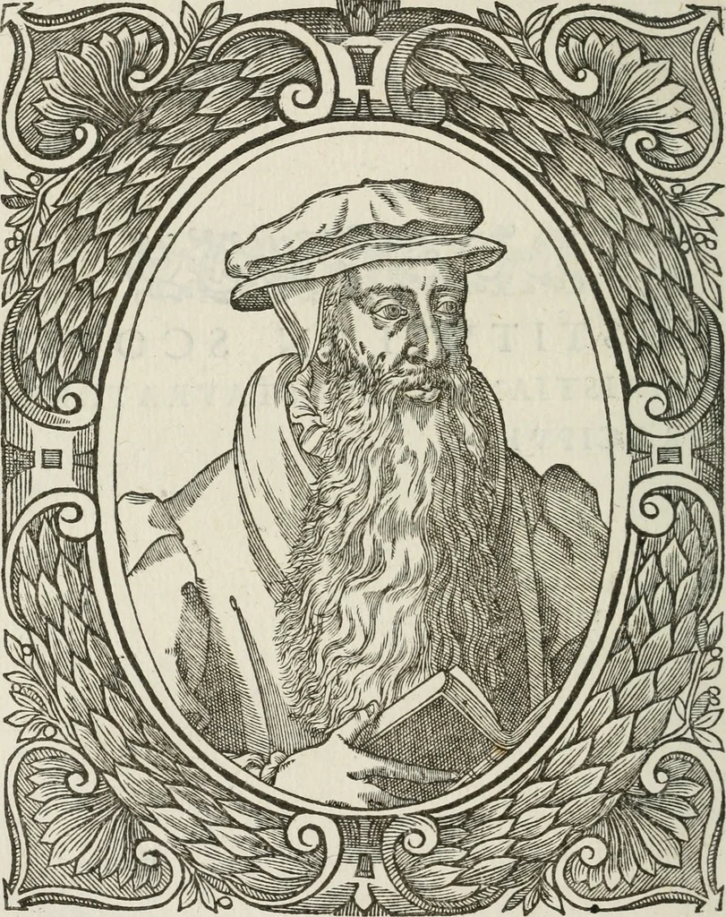 An illustration from Icones, id est, Verae imagines virorum doctrina simul et pietate illustrium, : quorum praecipuè ministerio partim bonarum literarum studia sunt restituta, partim vera religio in variis orbis Christiani regionibus, nostra patrúmque memoria fuit instaurata : additis eorundem vitae & operae descriptionibus, quibus adiectae sunt nonnullae picturae quas emblemata vocant., 1580, leaf 233