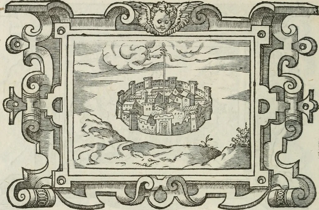 An illustration from Icones, id est, Verae imagines virorum doctrina simul et pietate illustrium, : quorum praecipuè ministerio partim bonarum literarum studia sunt restituta, partim vera religio in variis orbis Christiani regionibus, nostra patrúmque memoria fuit instaurata : additis eorundem vitae & operae descriptionibus, quibus adiectae sunt nonnullae picturae quas emblemata vocant., 1580, leaf 283